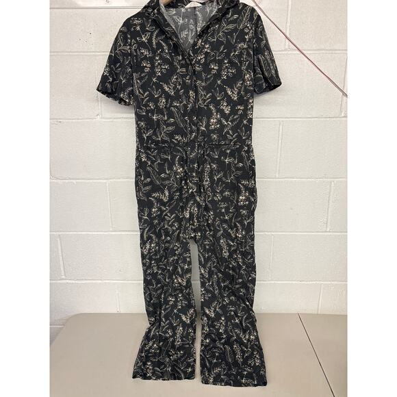 Thakoon Sz Small Black Floral Printed Short Sleeve Straight Leg Utility Jumpsuit - Picture 1 of 4